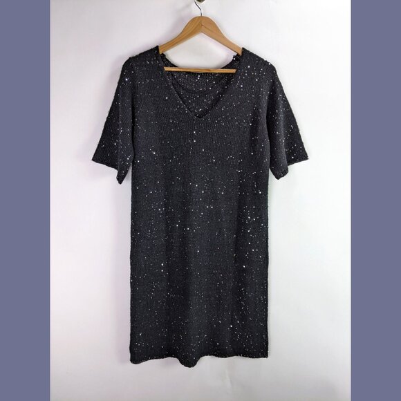 Vero Moda Womens Sparkling Knitted Sequin Mini Sweater Dress Black Silver - Picture 2 of 5